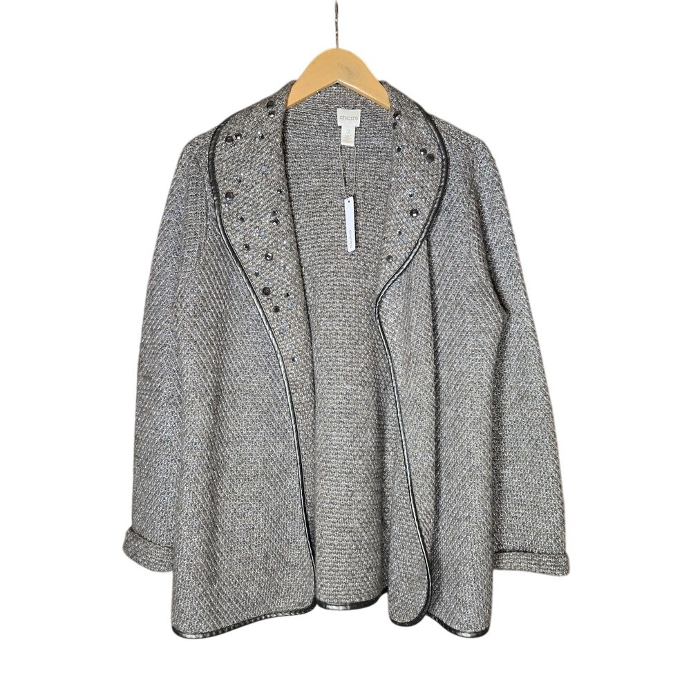 Chico's Open Front Cardigan Women Size 2 Gray Metallic Embellished NWT